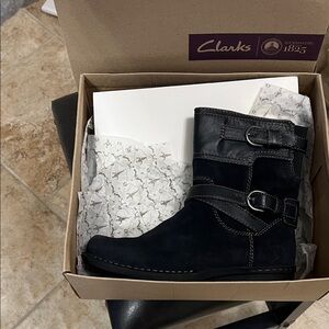 Clarks Black Whistle Ranch Leather Buckle Boots